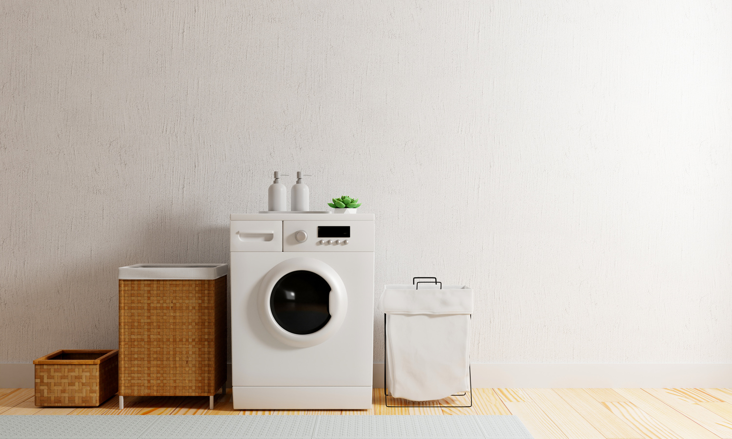 Washing Machine in the Kitchen with Copy Space. Laundry and Interior Concept. 3D Illustration Rendering